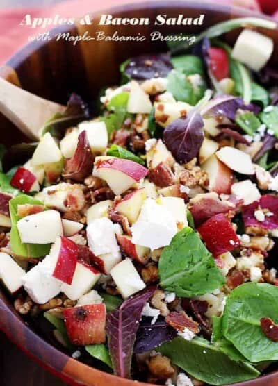 Apples and Bacon Salad with Maple-Balsamic Vinaigrette - Made with apples, bacon, feta cheese, walnuts and a Maple-Balsamic Vinaigrette Dressing, this wonderful Fall-flavored salad is sweet, tangy, crunchy, and beyond delicious!