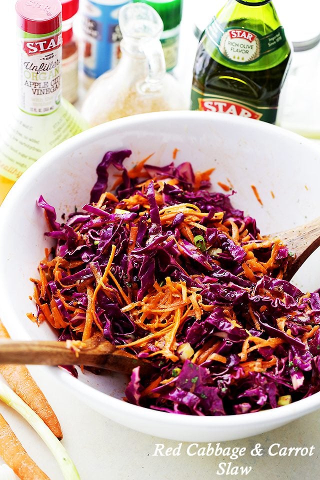 Red Cabbage and Carrot Slaw in a bowl.